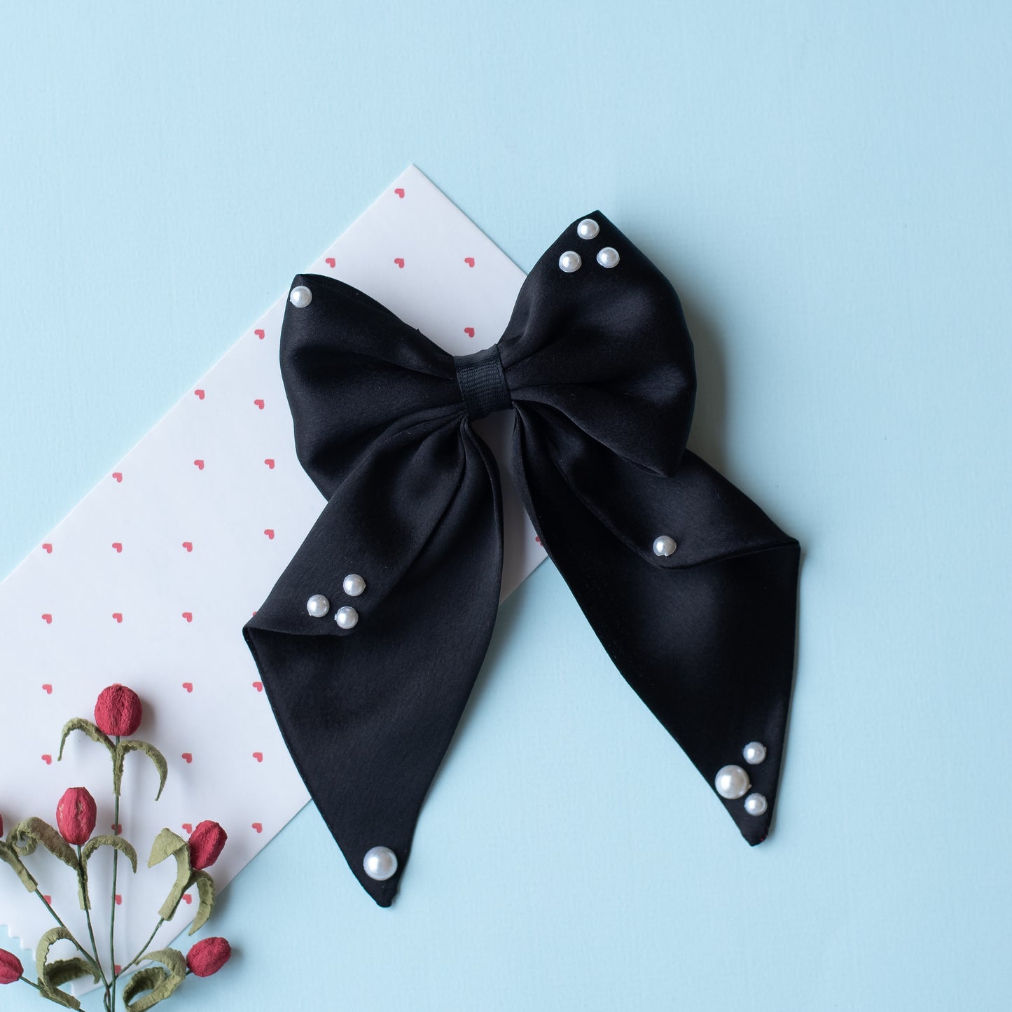 Big fancy satin bow on alligator clip embellished with pearls - Black