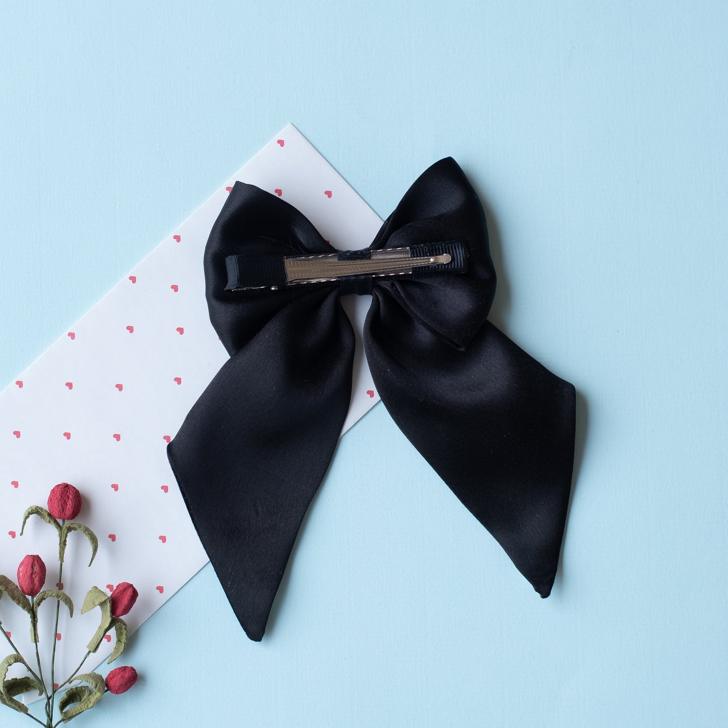 Big fancy satin bow on alligator clip embellished with pearls - Black