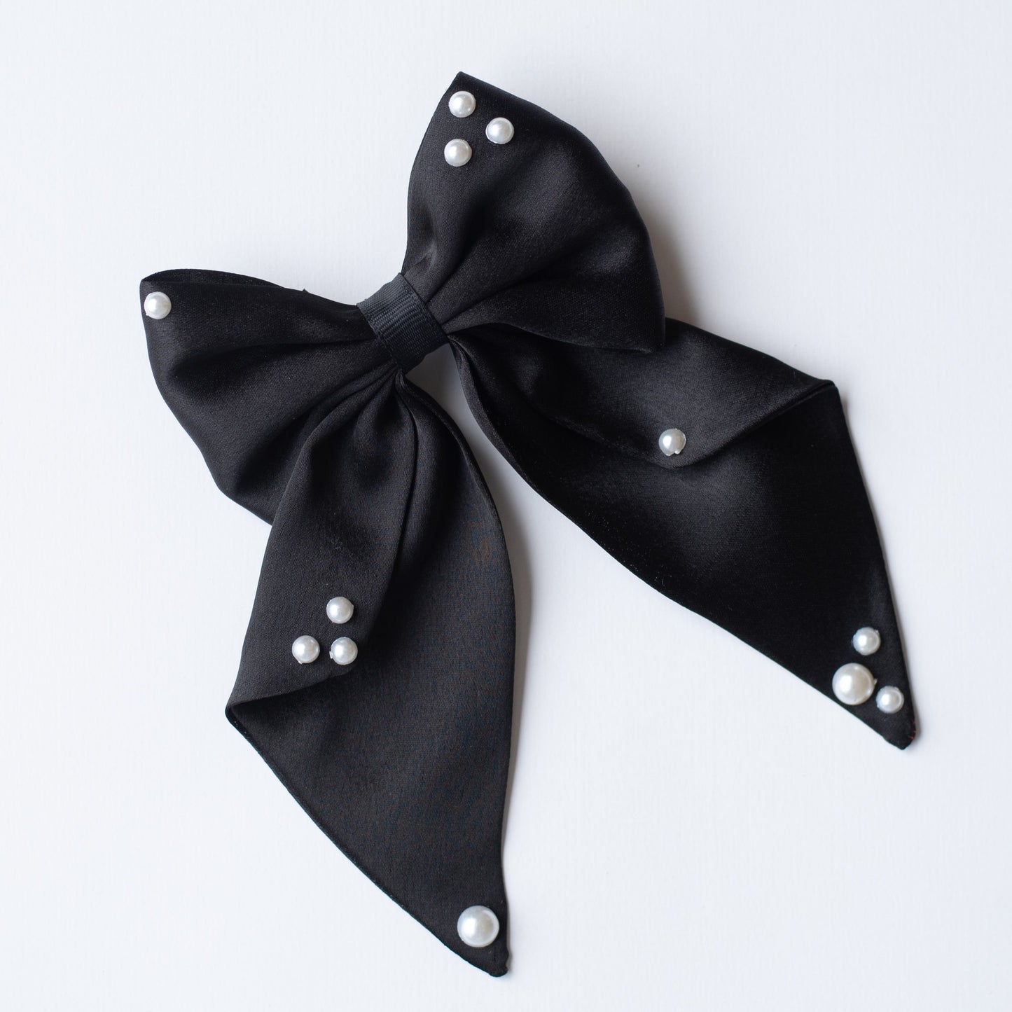 Big fancy satin bow on alligator clip embellished with pearls - Black