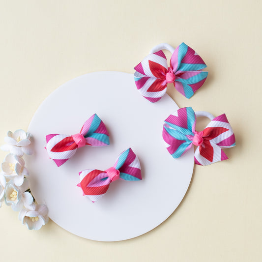 Combo: Chevron print small bow on alligator clips and matching small rubberbands - Blue, Pink, White