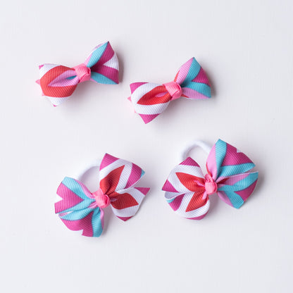 Combo: Chevron print small bow on alligator clips and matching small rubberbands - Blue, Pink, White