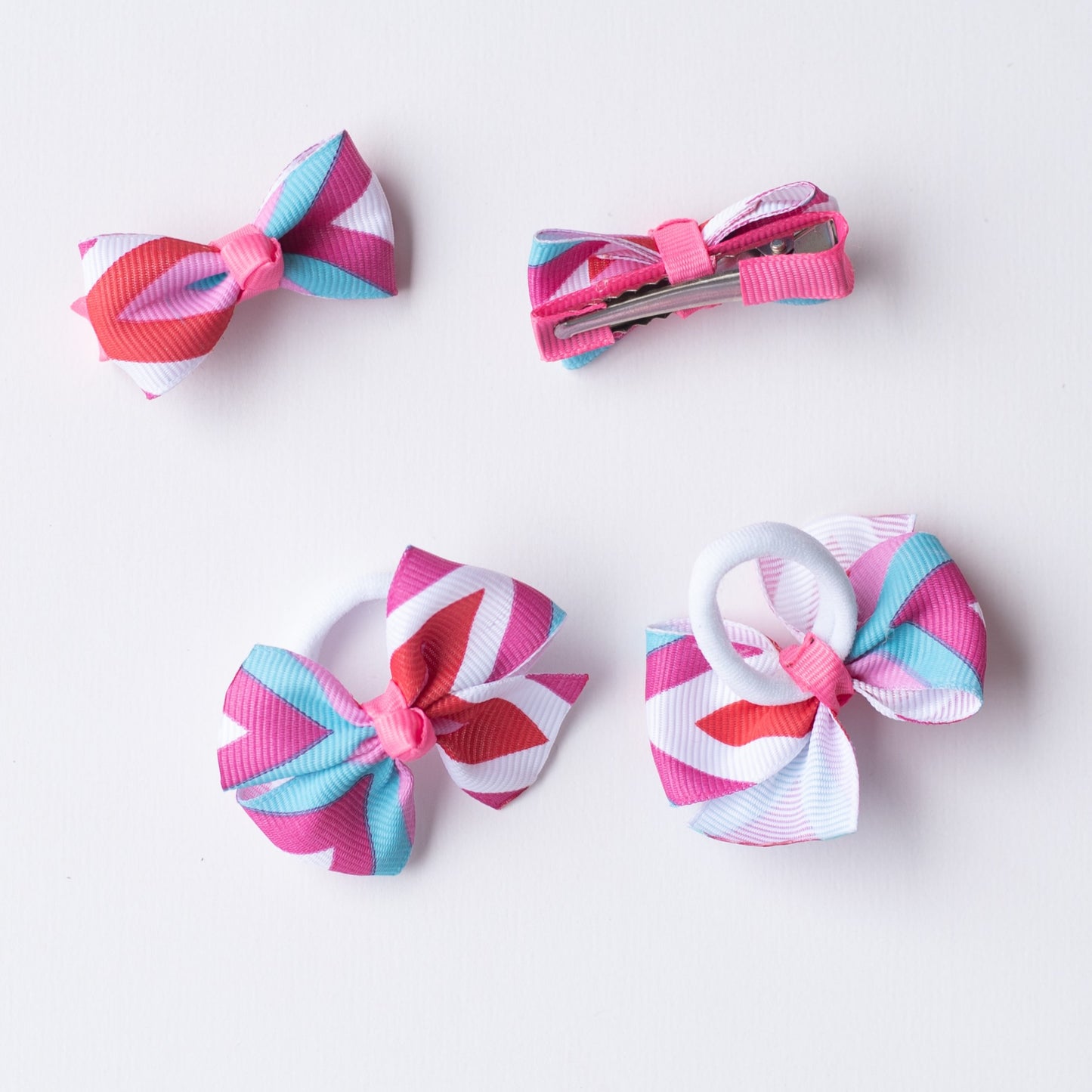 Combo: Chevron print small bow on alligator clips and matching small rubberbands - Blue, Pink, White