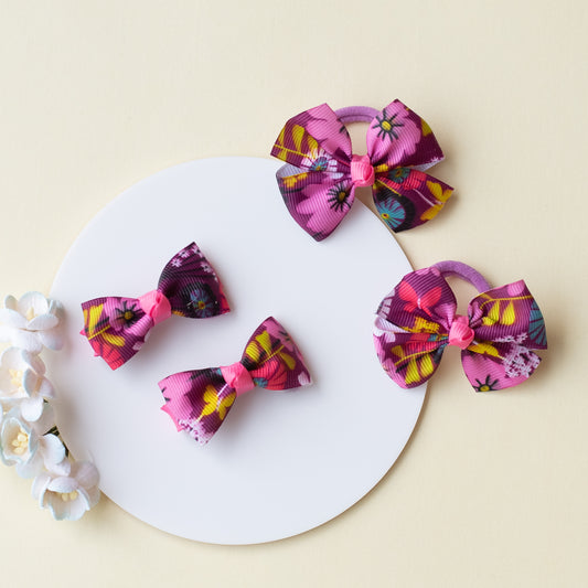 Combo: Floral print small bow on alligator clips and matching small rubberbands - Magenta