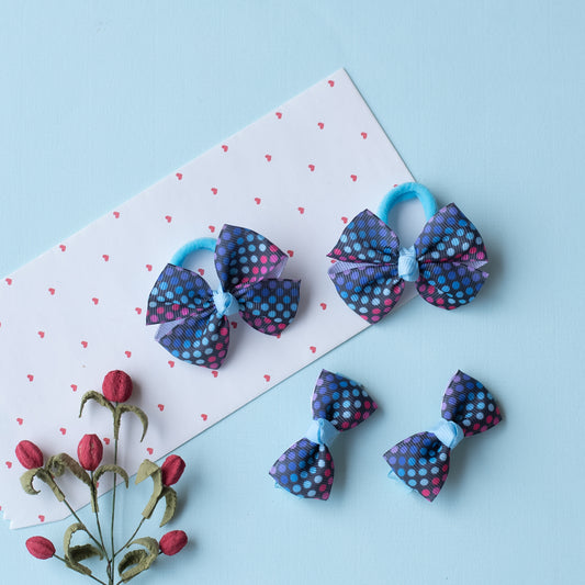 Combo: Polkadot print small bow on alligator cips and matching small rubberbands  - Blue and Black.