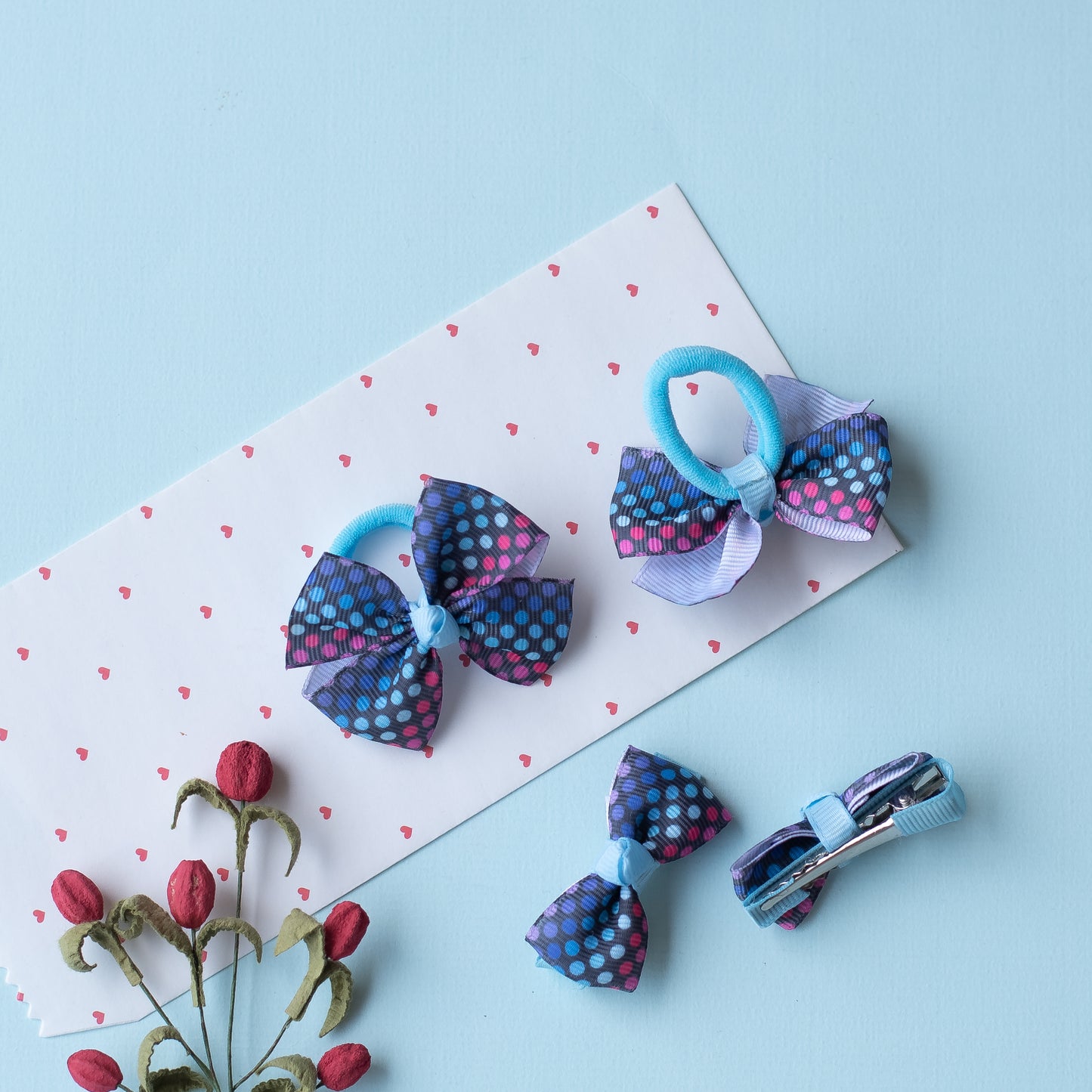 Combo: Polkadot print small bow on alligator cips and matching small rubberbands  - Blue and Black.