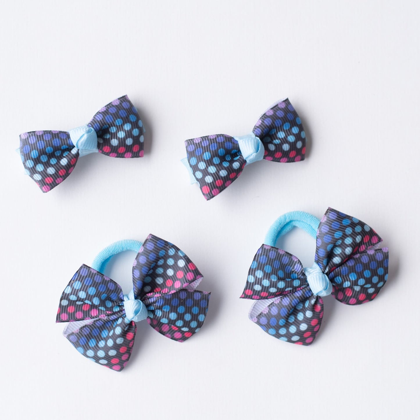 Combo: Polkadot print small bow on alligator cips and matching small rubberbands  - Blue and Black.