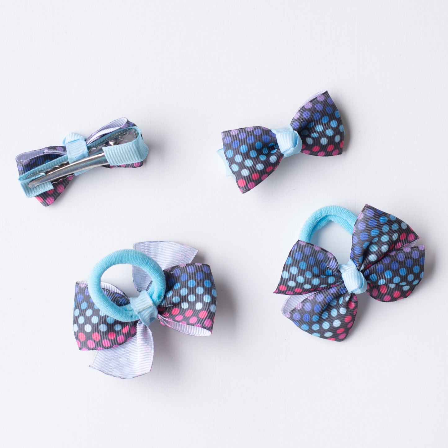 Combo: Polkadot print small bow on alligator cips and matching small rubberbands  - Blue and Black.