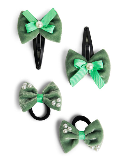 Combo: 1 Pair Velvet Bow Tic Tac Pearls Pins & 1 Pair Matching Dual bow Rubber bands - Olive green