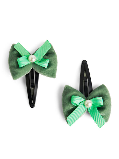 Combo: 1 Pair Velvet Bow Tic Tac Pearls Pins & 1 Pair Matching Dual bow Rubber bands - Olive green