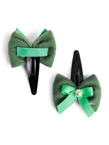 Combo: 1 Pair Velvet Bow Tic Tac Pearls Pins & 1 Pair Matching Dual bow Rubber bands - Olive green