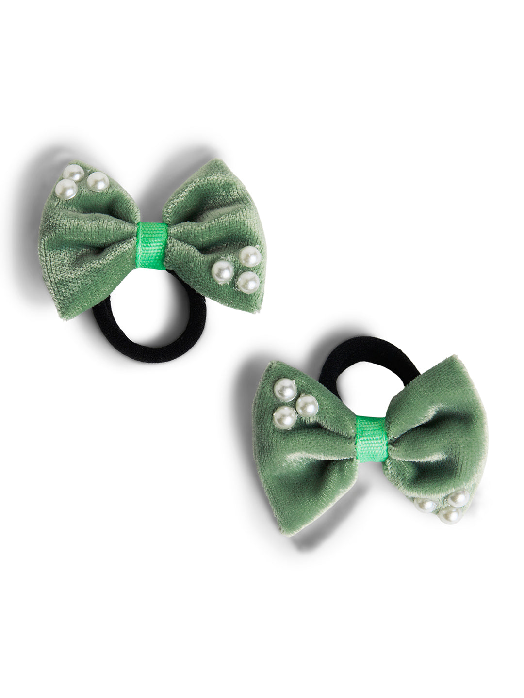 Combo: 1 Pair Velvet Bow Tic Tac Pearls Pins & 1 Pair Matching Dual bow Rubber bands - Olive green