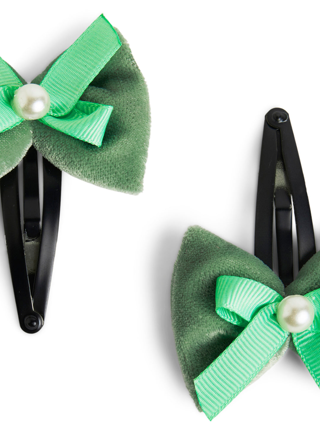 Combo: 1 Pair Velvet Bow Tic Tac Pearls Pins & 1 Pair Matching Dual bow Rubber bands - Olive green