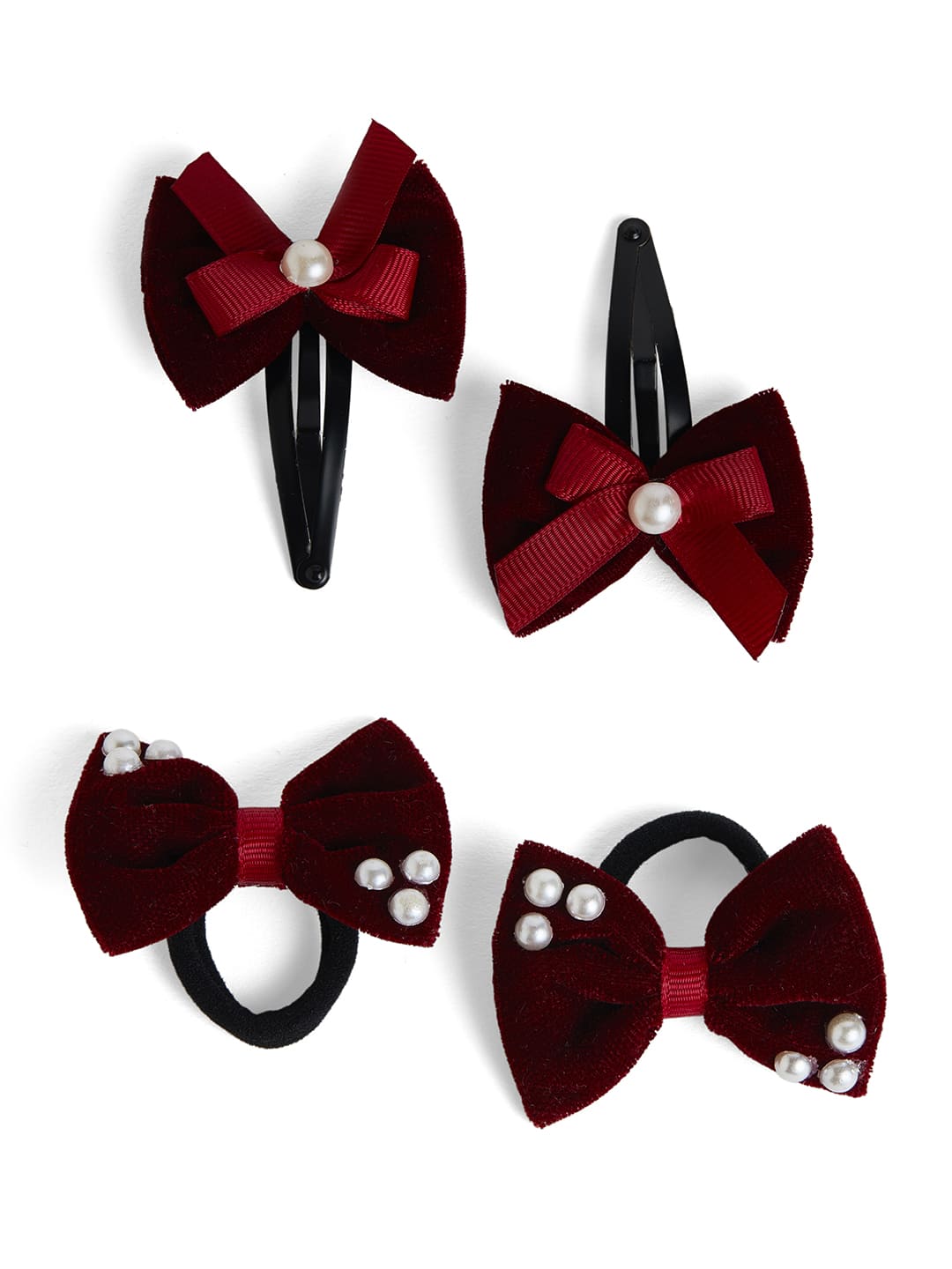 Combo: 1 Pair Velvet Bow Tic Tac Pearls pins & 1 Pair Matching Dudal bow Rubber bands - Maroon