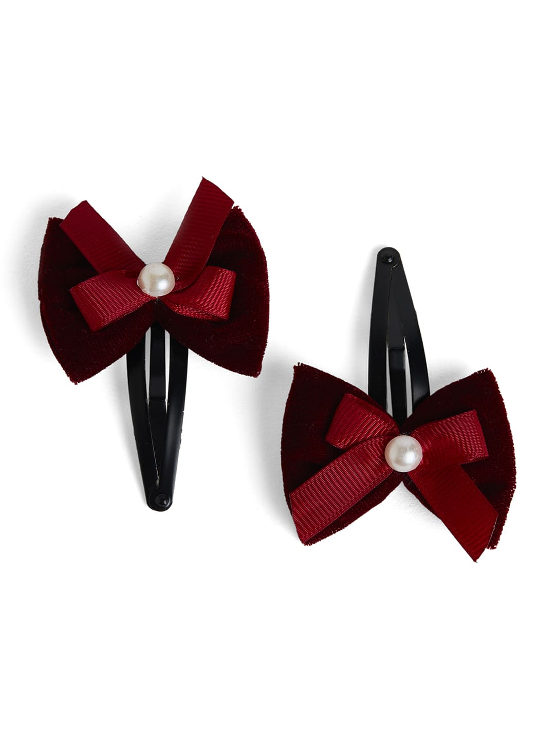 Combo: 1 Pair Velvet Bow Tic Tac Pearls pins & 1 Pair Matching Dudal bow Rubber bands - Maroon