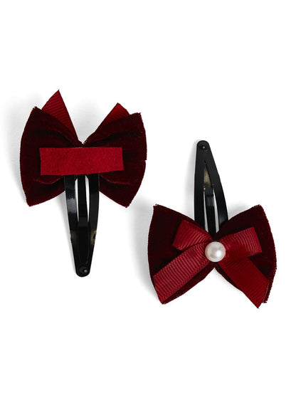 Combo: 1 Pair Velvet Bow Tic Tac Pearls pins & 1 Pair Matching Dudal bow Rubber bands - Maroon