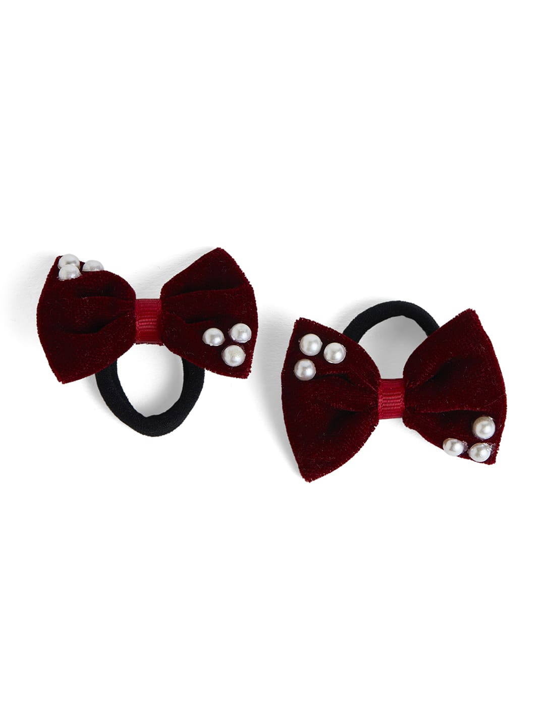 Combo: 1 Pair Velvet Bow Tic Tac Pearls pins & 1 Pair Matching Dudal bow Rubber bands - Maroon