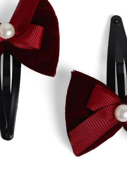 Combo: 1 Pair Velvet Bow Tic Tac Pearls pins & 1 Pair Matching Dudal bow Rubber bands - Maroon