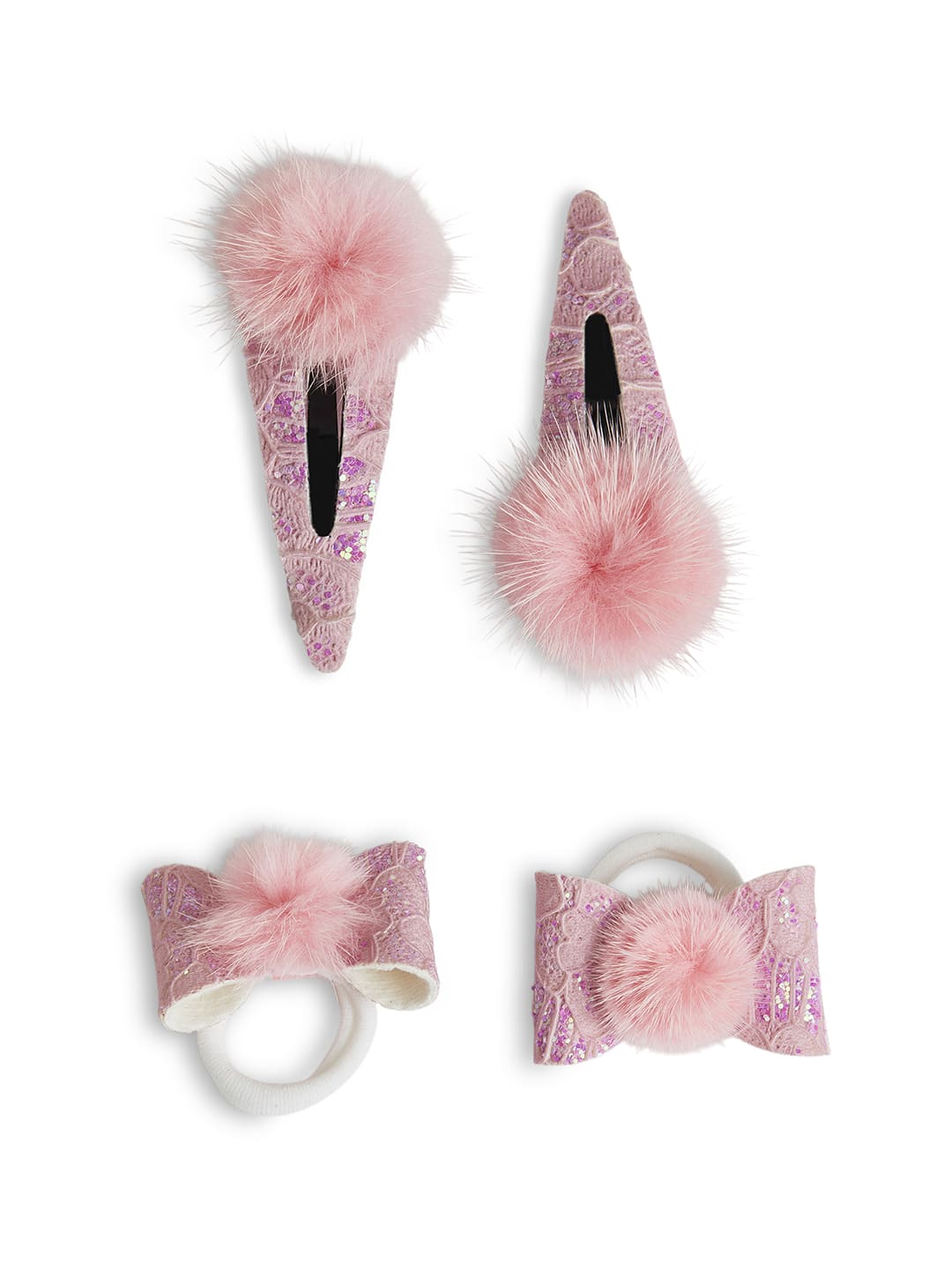 Combo: 1 Pair Cute Shiny Tic Tac Soft Pom Pom Pins & 1 Pair Matching Rubbebands with Bows - Light pink