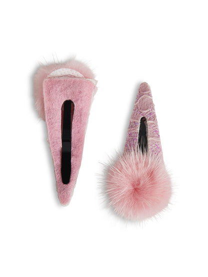 Combo: 1 Pair Cute Shiny Tic Tac Soft Pom Pom Pins & 1 Pair Matching Rubbebands with Bows - Light pink