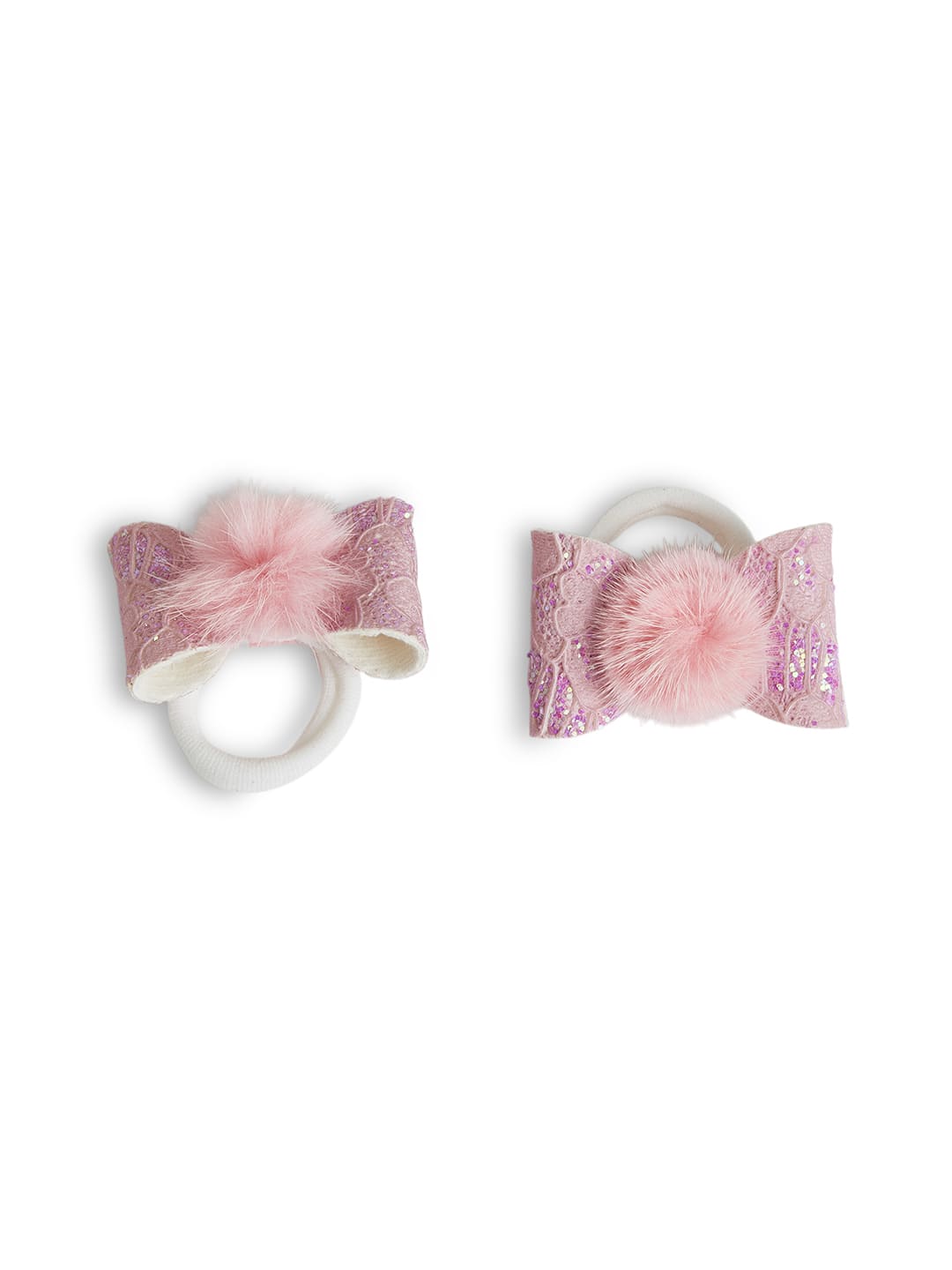 Combo: 1 Pair Cute Shiny Tic Tac Soft Pom Pom Pins & 1 Pair Matching Rubbebands with Bows - Light pink