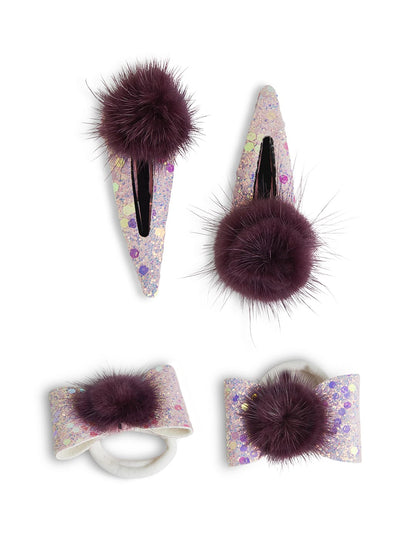 Combo: 1 Pair Cute Shiny Tic Tac Soft Pom Pom Pins & 1 Pair Matching Rubbebands with Bows - Magenta