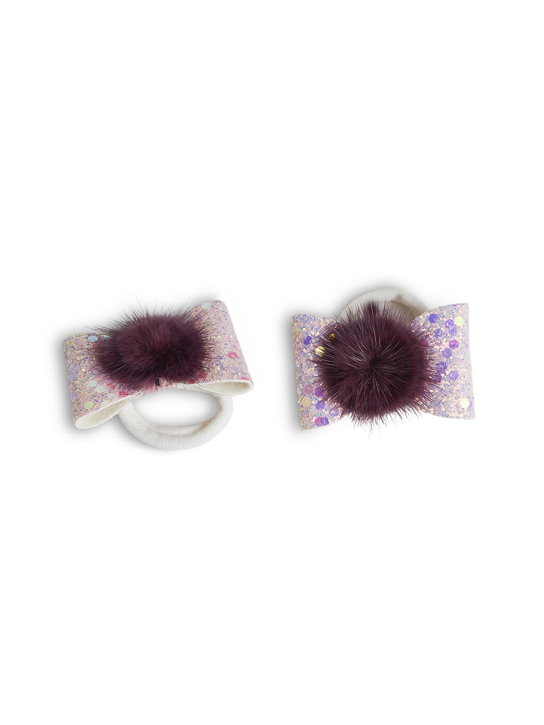 Combo: 1 Pair Cute Shiny Tic Tac Soft Pom Pom Pins & 1 Pair Matching Rubbebands with Bows - Magenta