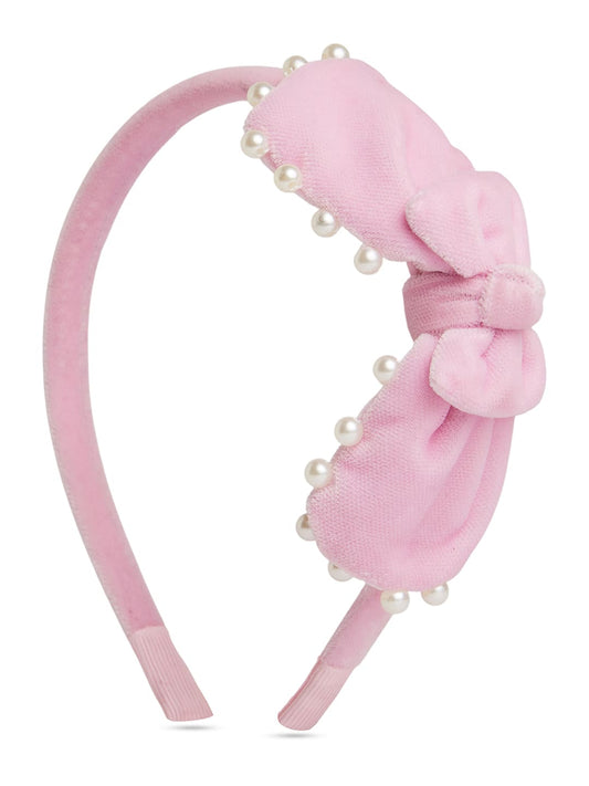 Velvet pearl Hairband with large bow - Light Pink