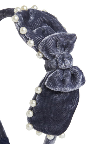 Velvet pearl Hairband with large bow - Grey