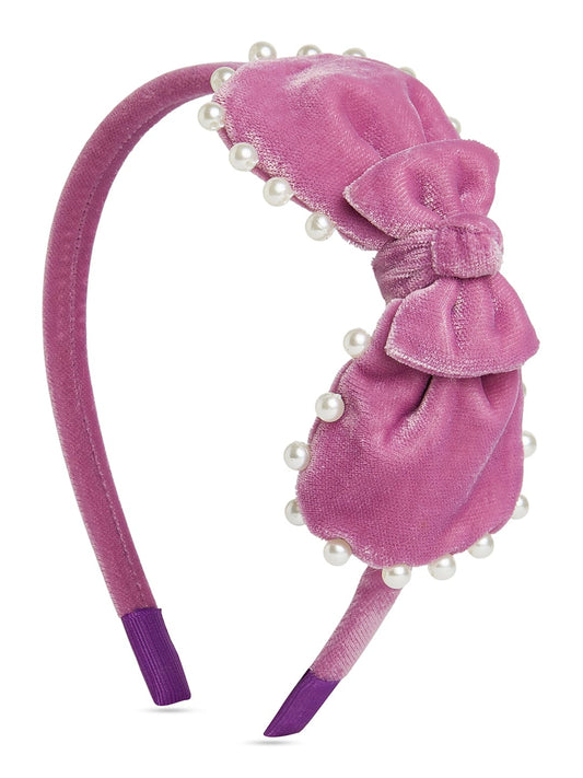 Velvet pearl Hairband with large bow - Purple