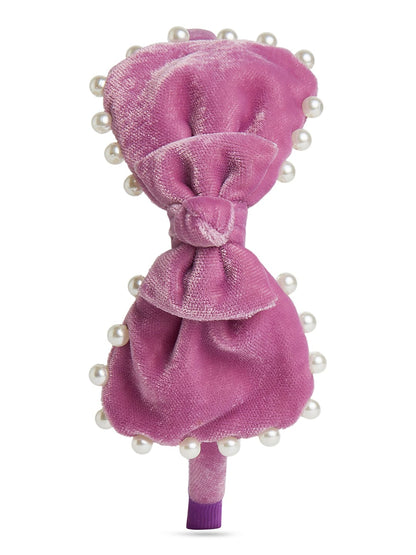 Velvet pearl Hairband with large bow - Purple