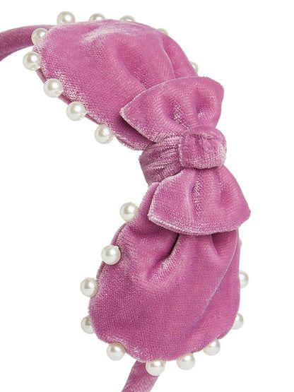 Velvet pearl Hairband with large bow - Purple