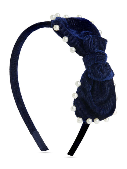 Velvet pearl Hairband with large bow - Navy Blue