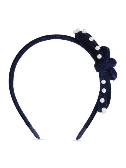 Velvet pearl Hairband with large bow - Navy Blue