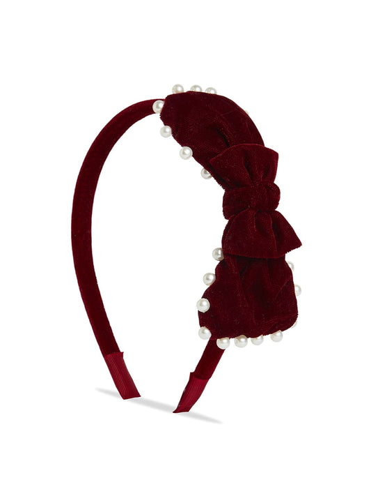 Velvet pearl Hairband with large bow - Maroon