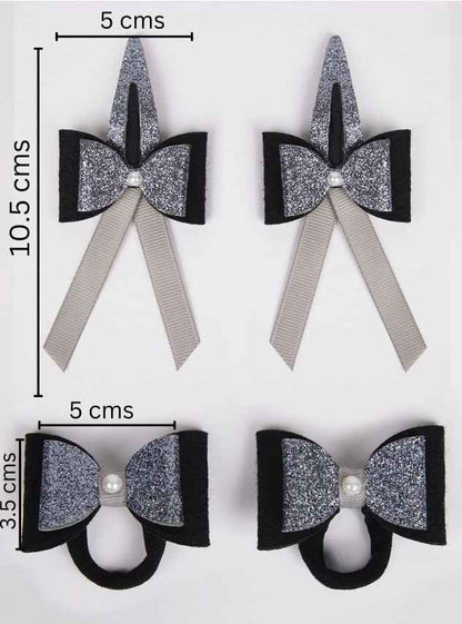 Combo:1 Pair dual bow tic-tacs and 1 pair matching rubberbands - Black, Silver