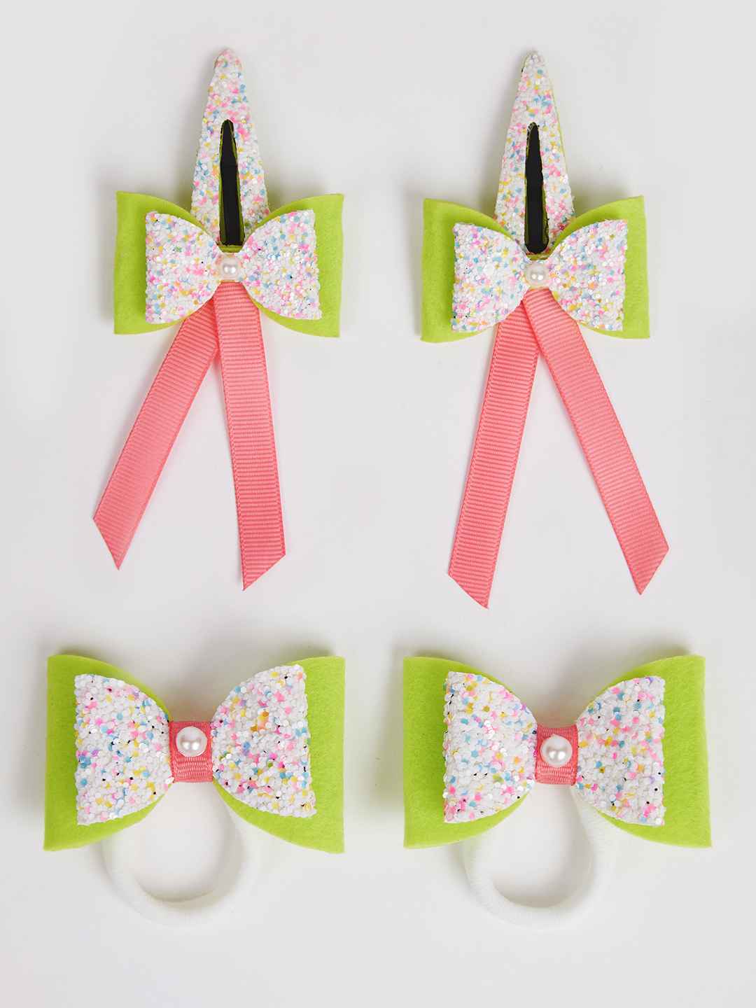 Combo:1 Pair dual bow tic-tacs and 1 pair matching rubberbands - Fluoroscent Green, Pink