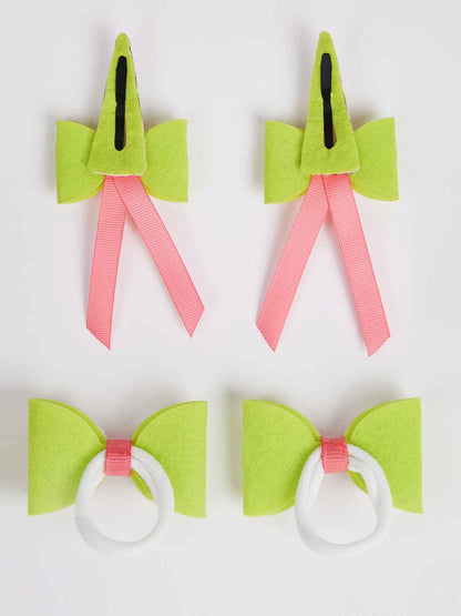 Combo:1 Pair dual bow tic-tacs and 1 pair matching rubberbands - Fluoroscent Green, Pink