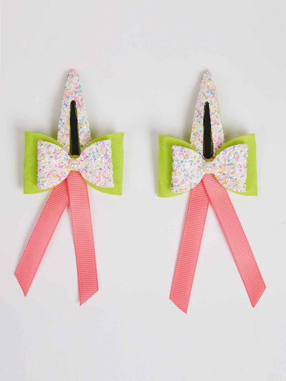 Combo:1 Pair dual bow tic-tacs and 1 pair matching rubberbands - Fluoroscent Green, Pink