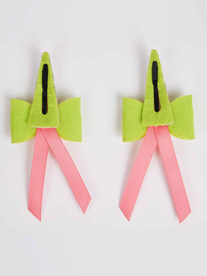 Combo:1 Pair dual bow tic-tacs and 1 pair matching rubberbands - Fluoroscent Green, Pink