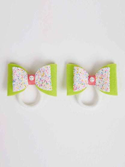 Combo:1 Pair dual bow tic-tacs and 1 pair matching rubberbands - Fluoroscent Green, Pink