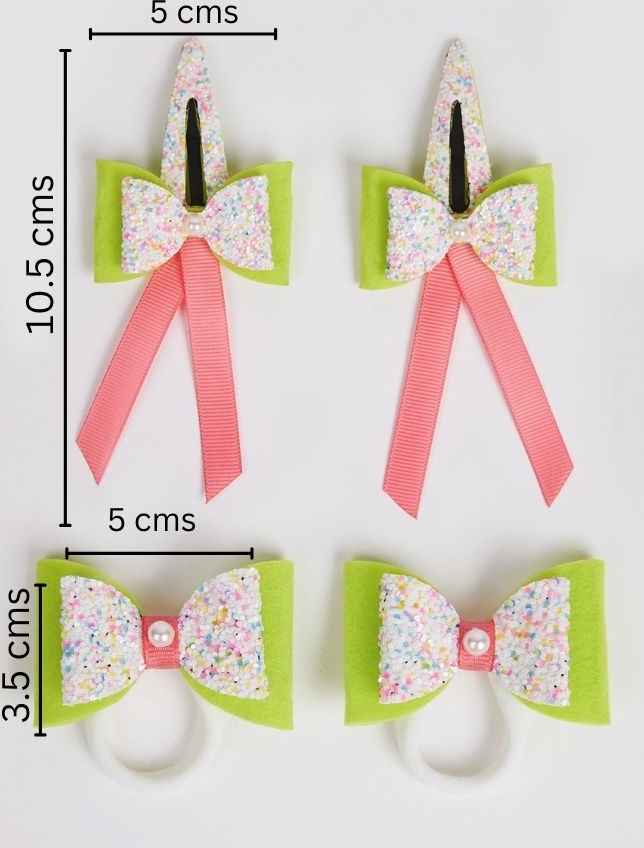 Combo:1 Pair dual bow tic-tacs and 1 pair matching rubberbands - Fluoroscent Green, Pink