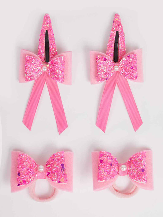 Combo:1 Pair dual bow tic-tacs and 1 pair matching rubberbands - Fluoroscent Pink