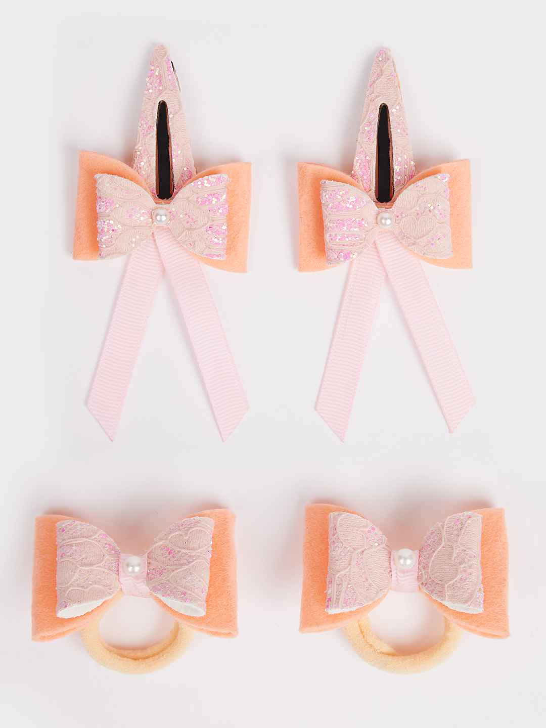 Combo:1 Pair dual bow tic-tacs and 1 pair matching rubberbands - Peach