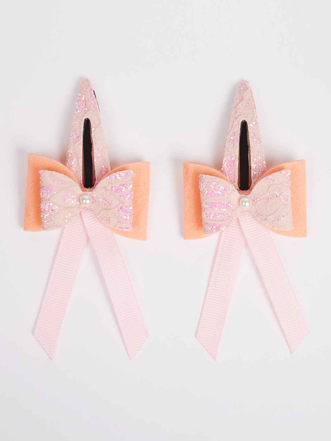 Combo:1 Pair dual bow tic-tacs and 1 pair matching rubberbands - Peach