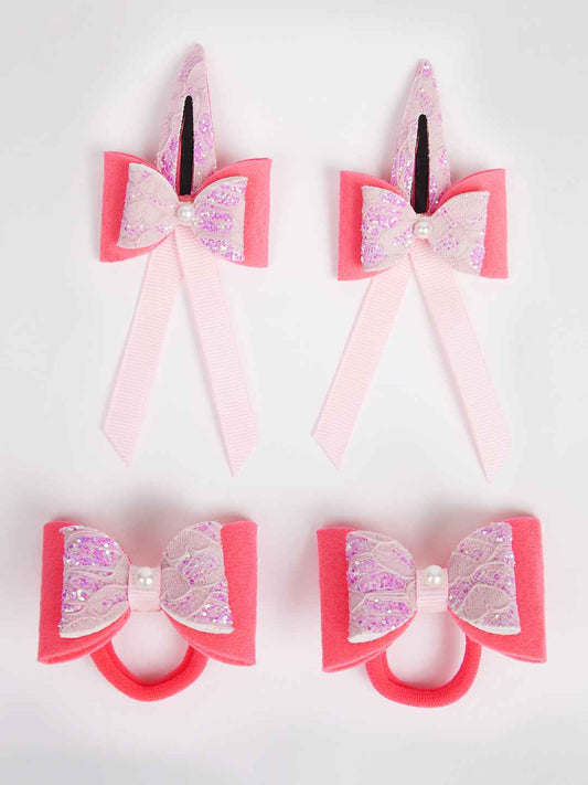 Combo:1 Pair dual bow tic-tacs and 1 pair matching rubberbands - Pink