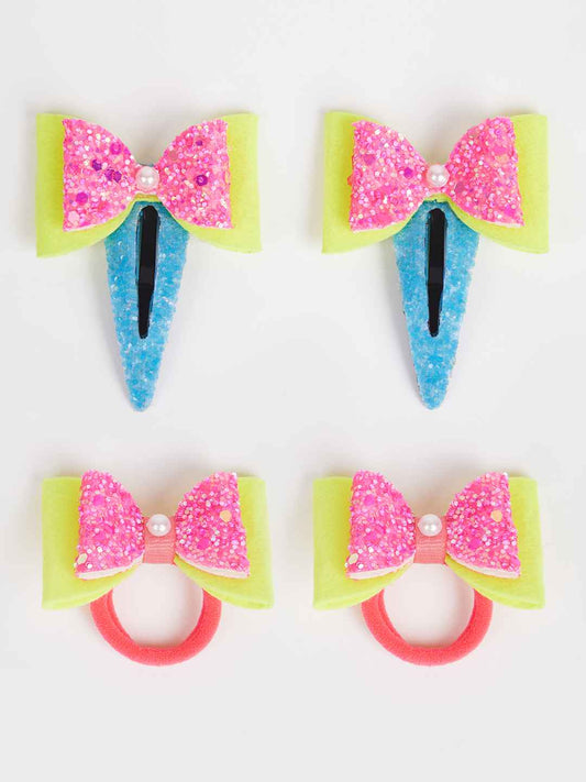 Combo:1 Pair dual bow tic-tacs and 1 pair matching rubberbands - Fluoroscent pink, Yelllow, Blue