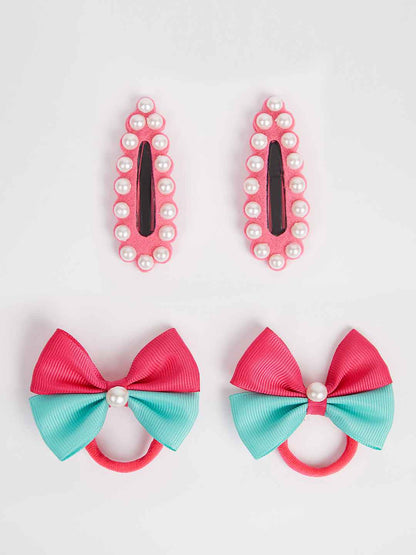 Combo:1 Pair cute pearl embellished tic-tacs and 1 pair dual bow rubber bands - Pink, Sea green