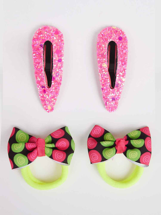 Combo:1 Pair glitter tic-tac pins and 1 Pair printed bow rubber bands - Black, Pink, Fluoroscent Green