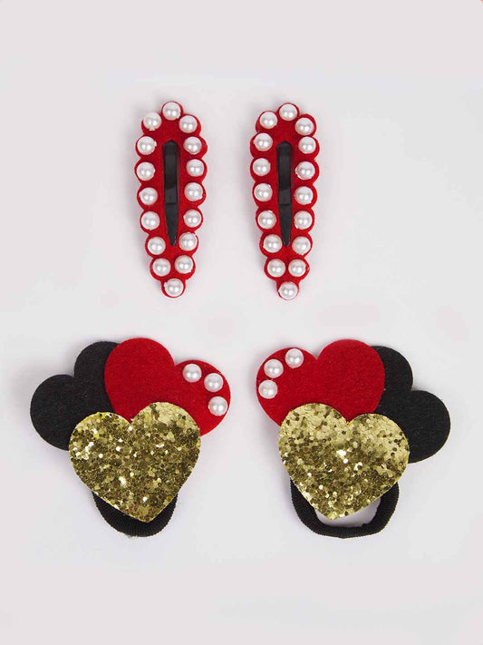 Combo:1 Pair tic-tac pins embellished with pearls and 1 Pair cute heart rubber bands - Red, Black