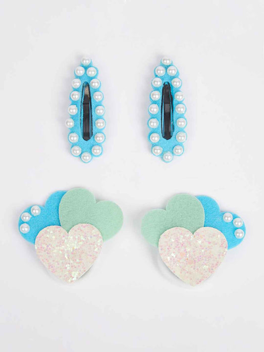 Combo:1 Pair tic-tac pins embellished with pearls and 1 Pair cute heart rubber bands -Light blue, Light Pink